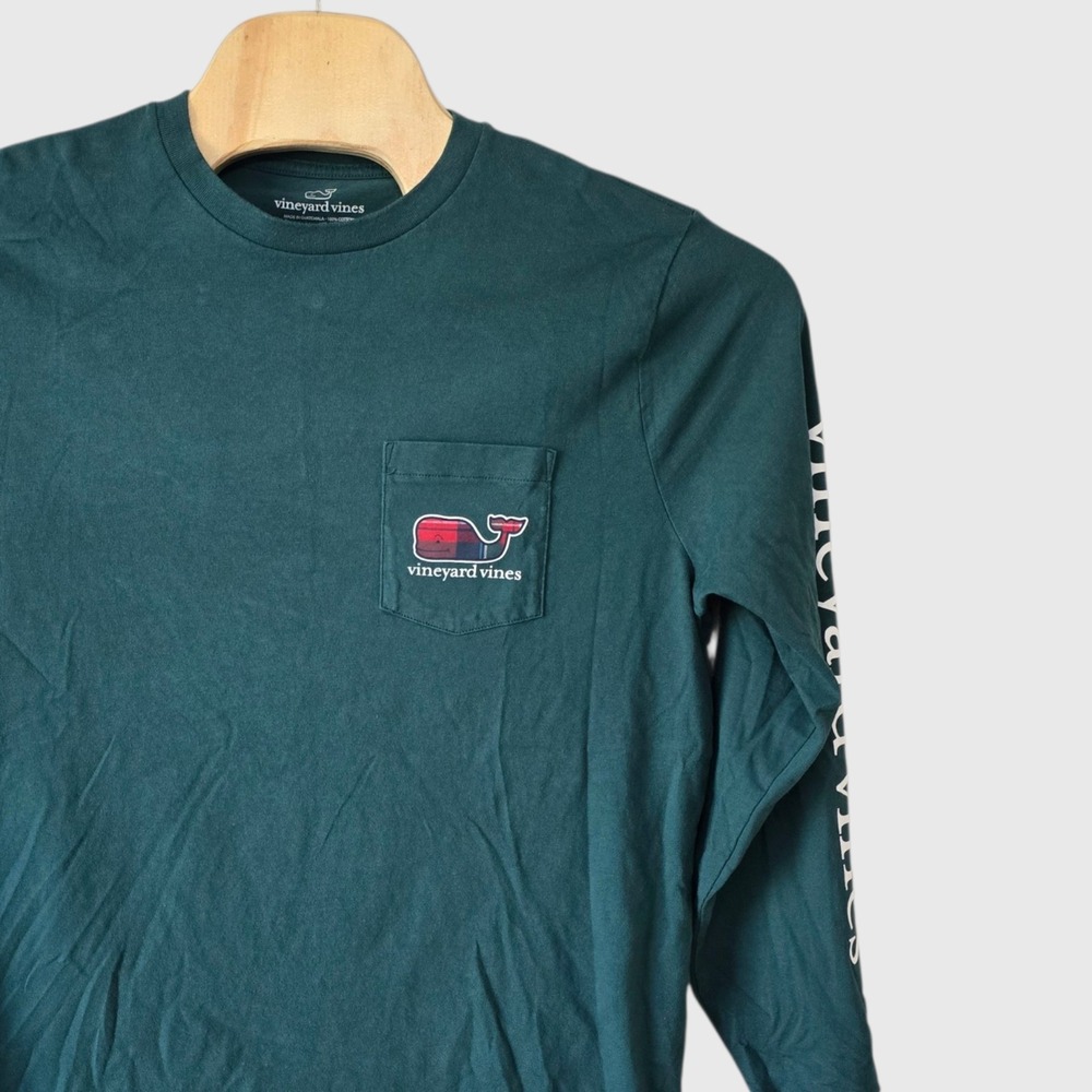 Vineyard Vines Mens Large Long Sleeve Plaid Whale Pocket T-Shirt Green Cotton